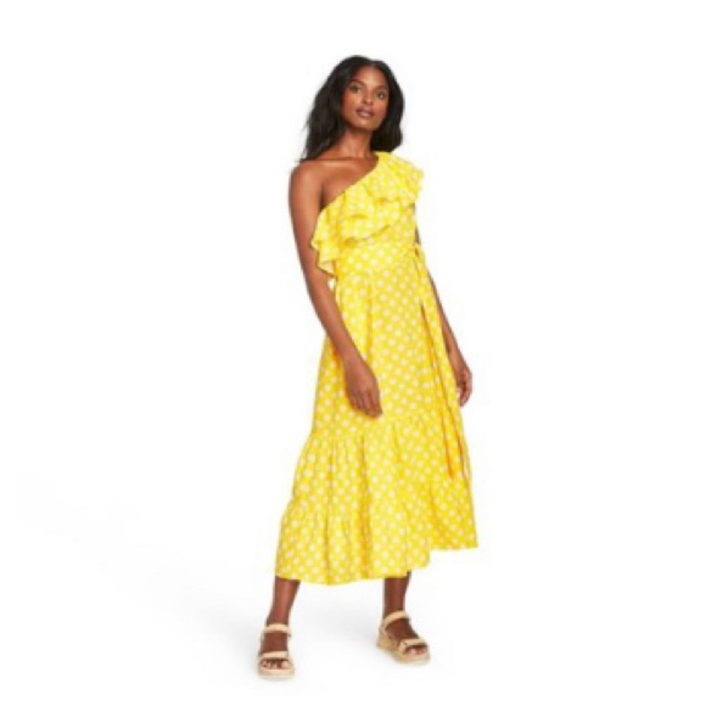 Yellow & white polka dot midi dress